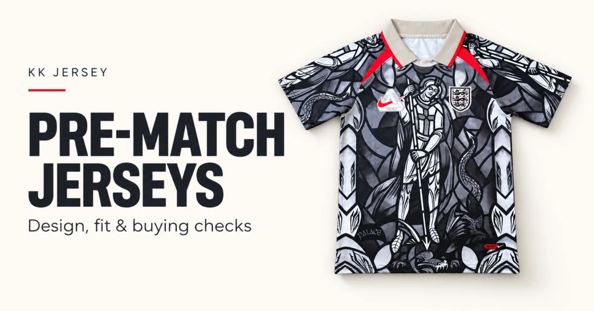 Grayscale illustrated pre-match shirt with red trim beside the title Pre-Match Jerseys