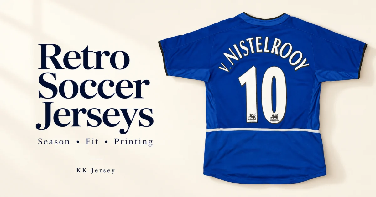 Camisetas de fútbol retro: guía de temporada, ajuste y estampado Blue number 10 retro soccer shirt beside the words Retro Soccer Jerseys