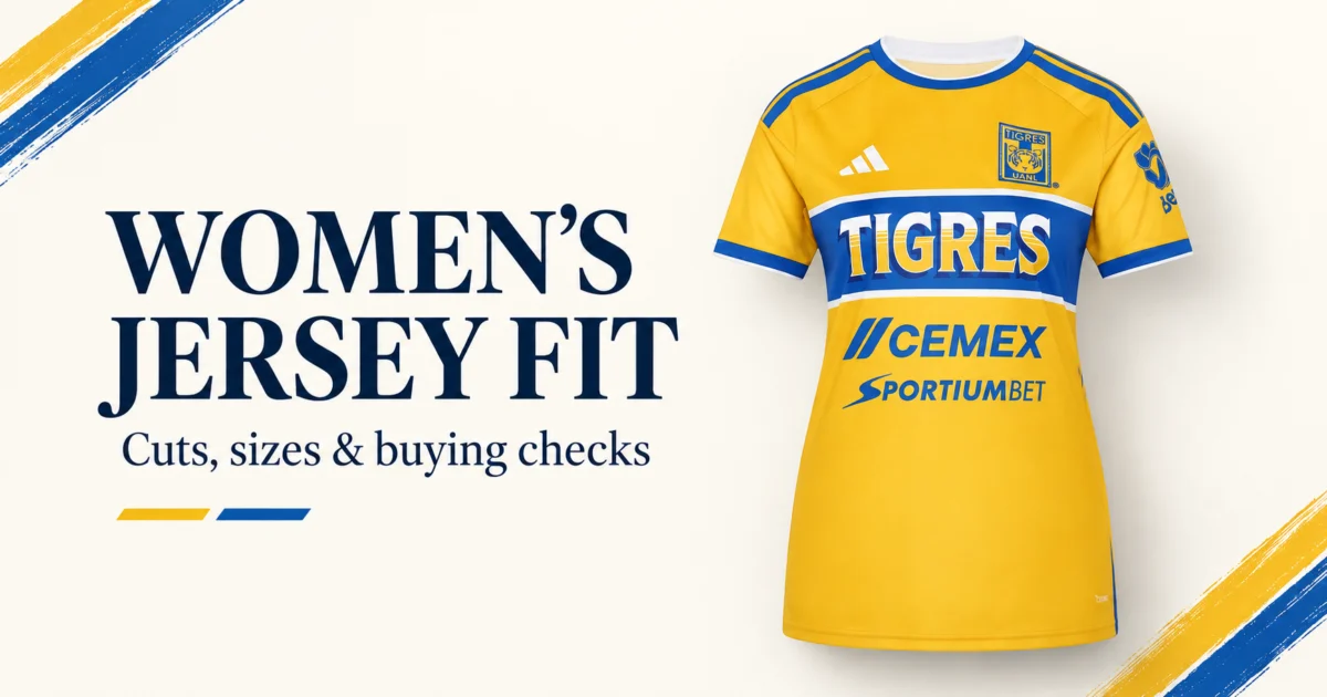 Women's Soccer Jersey Fit: Cuts, Sizes and Buying Checks Yellow and blue Tigres jersey beside the heading Women’s Jersey Fit